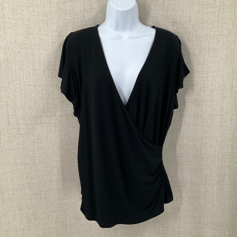 Boden Wrap Top Women 16/18 Black Classic Minimalist Surplice Flutter Sleeve